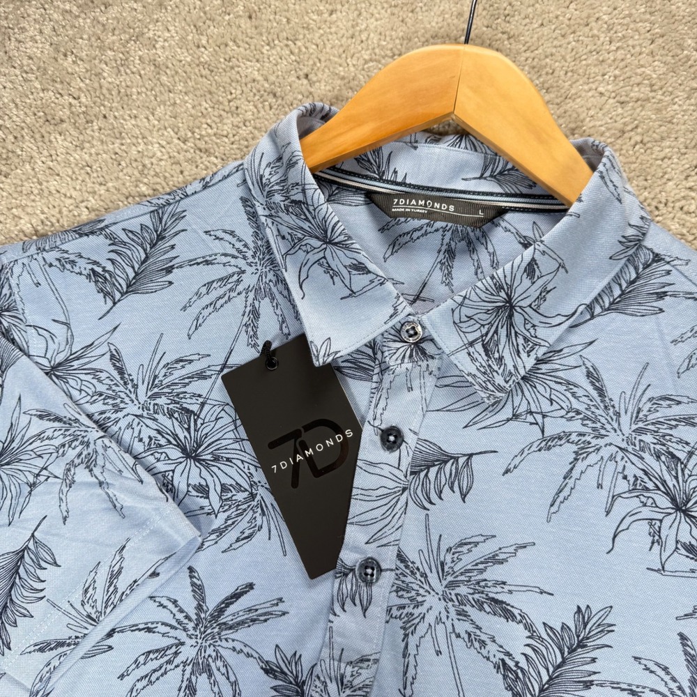 7 Diamonds Napili Golf Polo Shirt Men's Large Blue Palm Tree Pima Cotton NWT